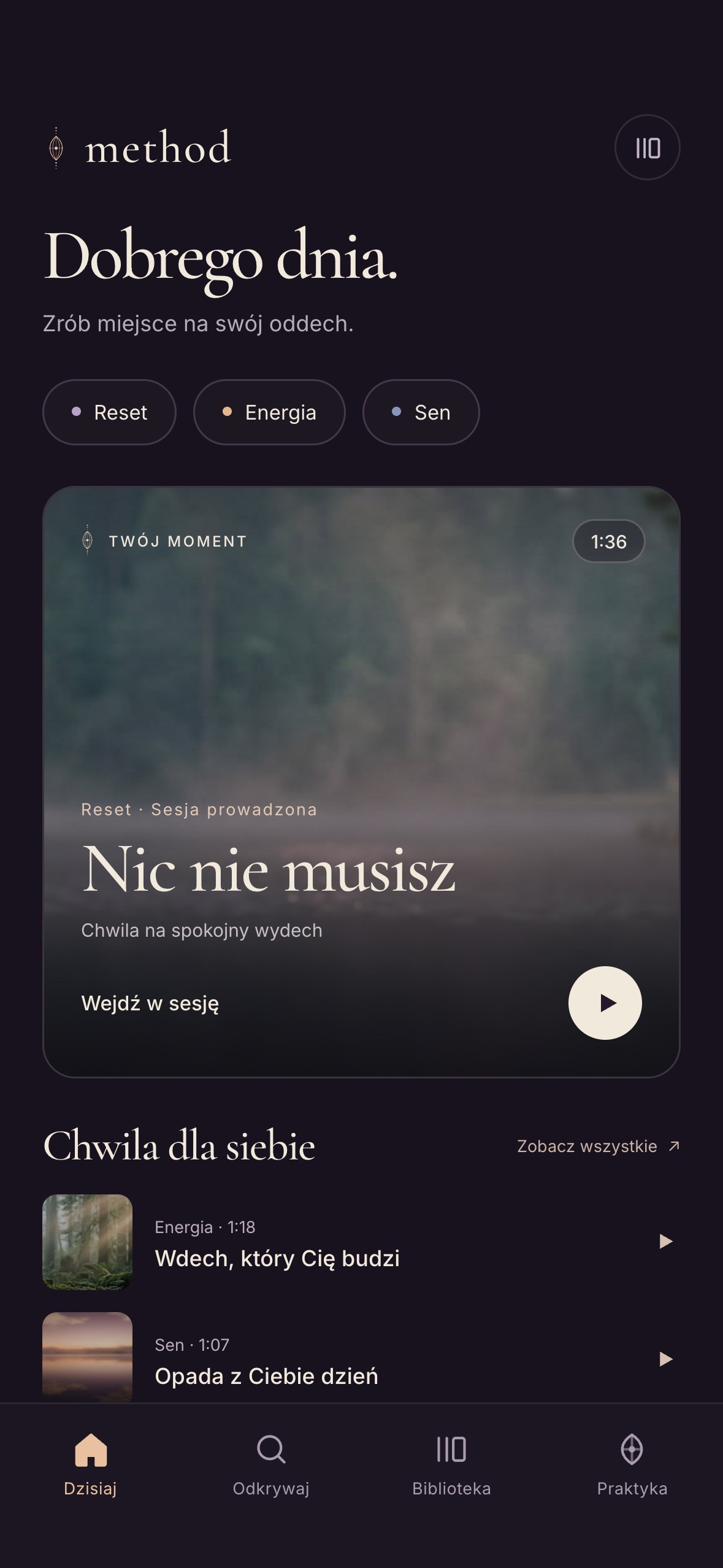 Ekran aplikacji Method: Twój moment
